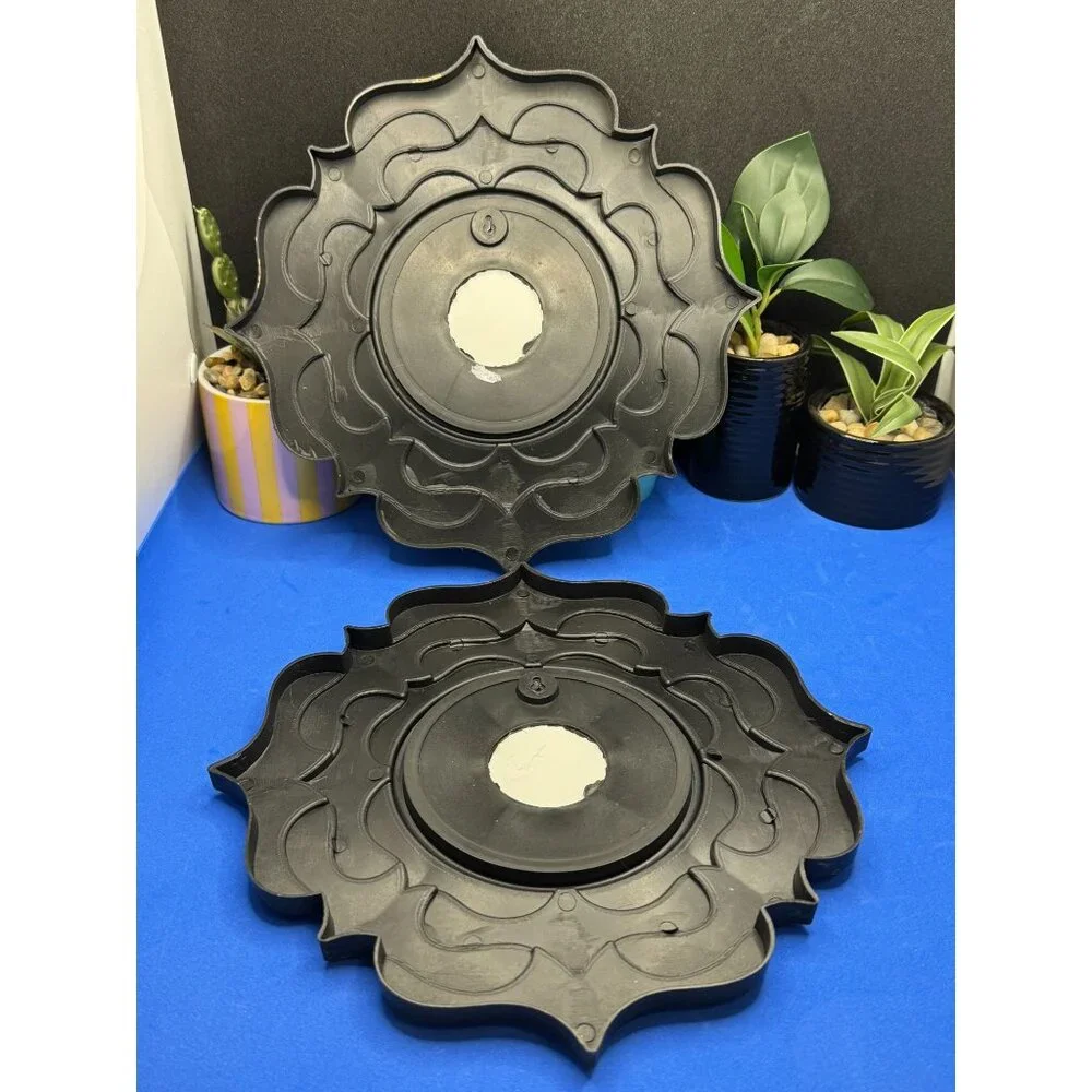 Decorative Lotus Mandala Wall Mirror Set Black & Gold Distressed Finish